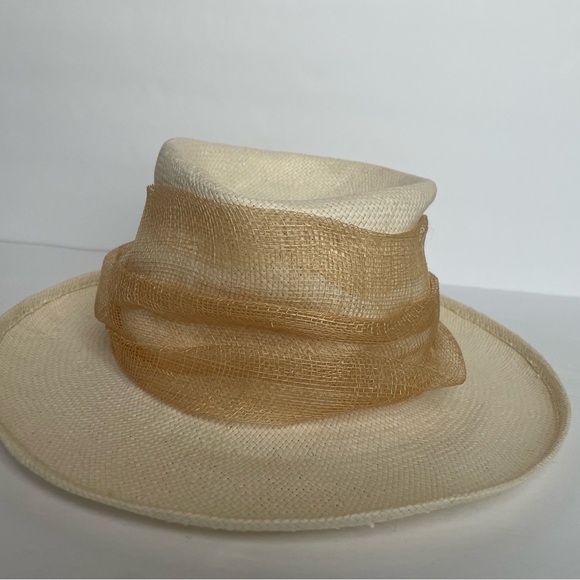 Italy Handmade Paper Straw Women’s Hat Ivory/Tan Wrap Bow - Picture 2 of 10